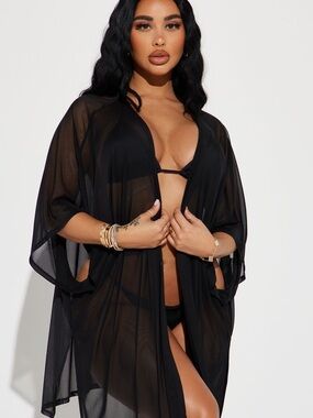 Fashion Nova Black Sheer Kimono Swim Cover-Up